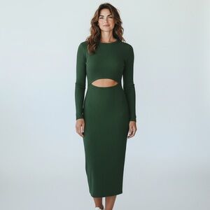 Source Unknown Forest Green Long Sleeve Cutout Midi Dress